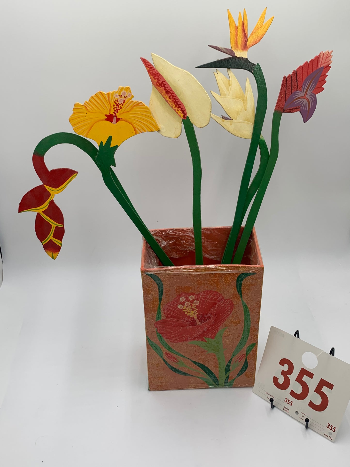 355 - Wooden Vase/Flowers